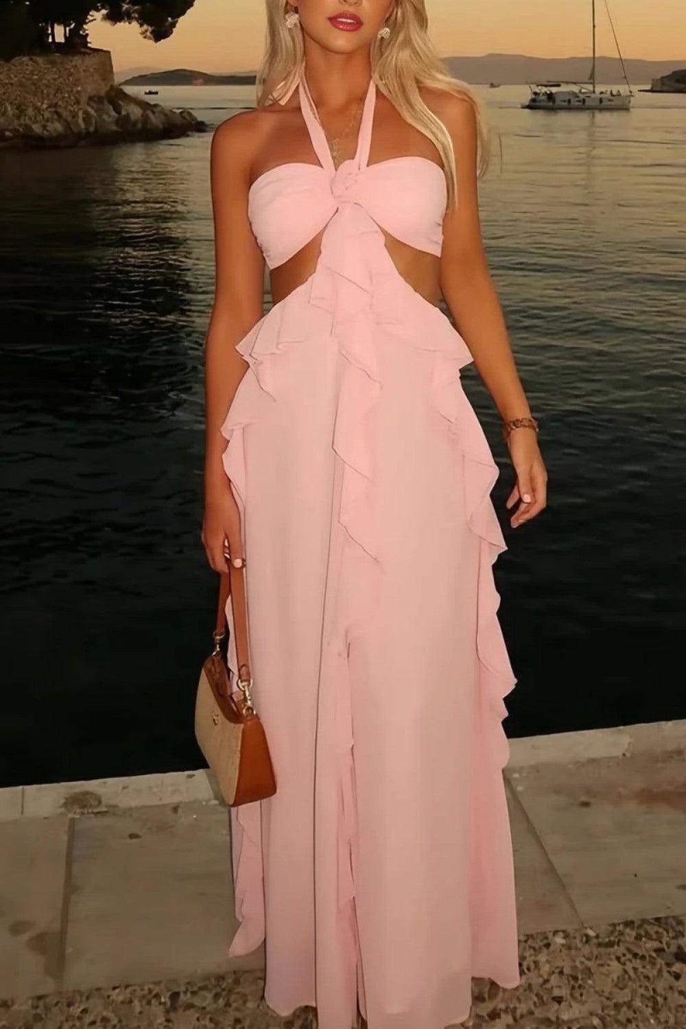Sweety A Line Halter Neck Pink Long Prom Dress With Keyhole Ruffles Formal Evening Gown