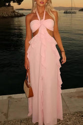Sweety A Line Halter Neck Pink Long Prom Dress With Keyhole Ruffles Formal Evening Gown