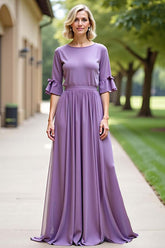 Tahiti Long Chiffon Formal Dress With Short Sleeves