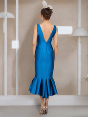 Tea Length Mother of the Bride Dresses with Buttons Jewel Neck and Half Sleeves in Mermaid Trumpet Style
