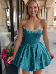 Sparkly Satin A Line Short Corset Homecoming Dress with Rhinestones