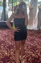 Tight Black Homecoming Dress Open Back Sequin Prom Dress