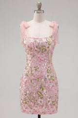 Tight Short Beaded Sparkly Floral Pink Homecoming Dress with Bows