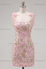 Pink Floral Beaded Tight Short Homecoming Dress with Bows