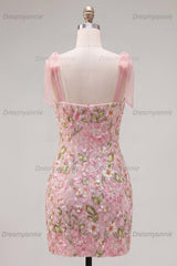 Pink Floral Beaded Tight Short Homecoming Dress with Bows