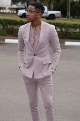Trendy 2-Piece Peak Lapel Grey and Pink One-Button Men's Prom Suit