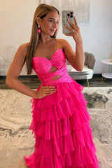 Trendy A Line Sweetheart Hot Pink Long Prom Dress With Ruffles Keyhole Formal Evening Gown
