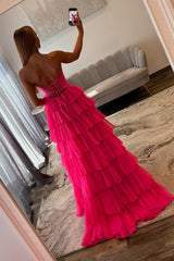 Trendy A Line Sweetheart Hot Pink Long Prom Dress With Ruffles Keyhole Formal Evening Gown