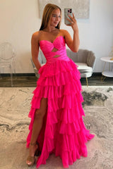 Trendy A Line Sweetheart Hot Pink Long Prom Dress With Ruffles Keyhole Formal Evening Gown