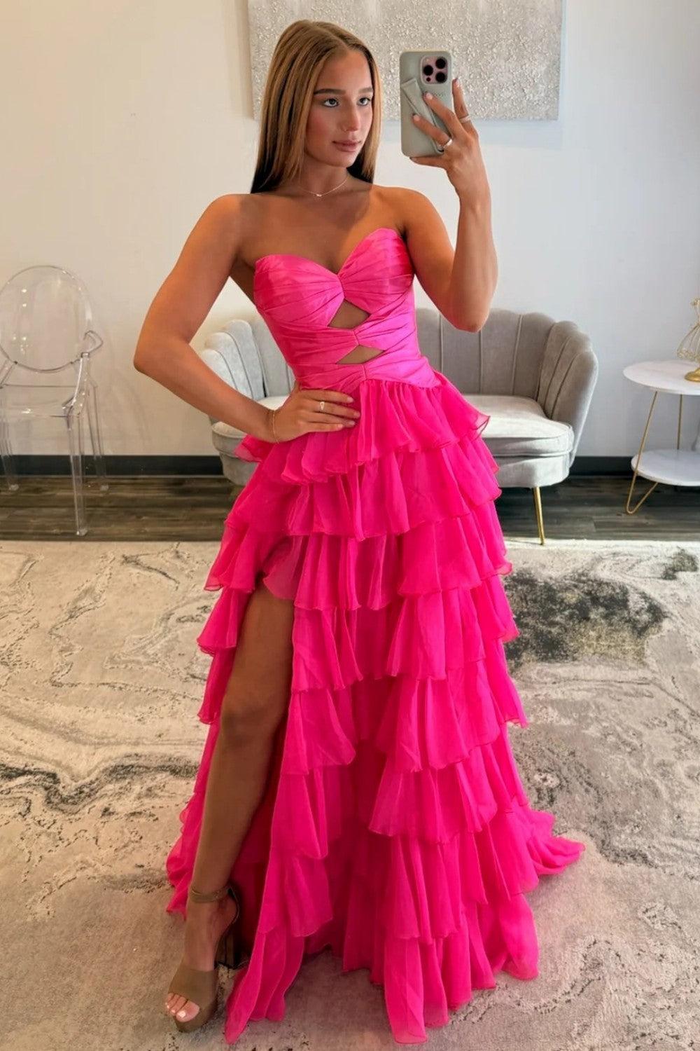 Trendy A Line Sweetheart Hot Pink Long Prom Dress With Ruffles Keyhole Formal Evening Gown