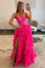 Trendy A Line Sweetheart Hot Pink Long Prom Dress With Ruffles Keyhole Formal Evening Gown