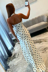 Trendy Mermaid Halter Neck White Polka Dots Long Prom Dress With Split Front Formal Evening Gown