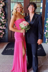 Trendy Mermaid Strapless Hot Pink Long Prom Dress With Split Front Ruffles Formal Evening Gown