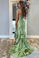 Trendy Mermaid V-Neck Sage Green Long Prom Dress With Ruffles Formal Evening Gown