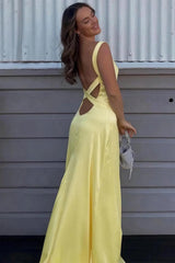 Trendy Mermaid V Neck Yellow Long Prom Dress With Criss Cross Back Formal Evening Gown