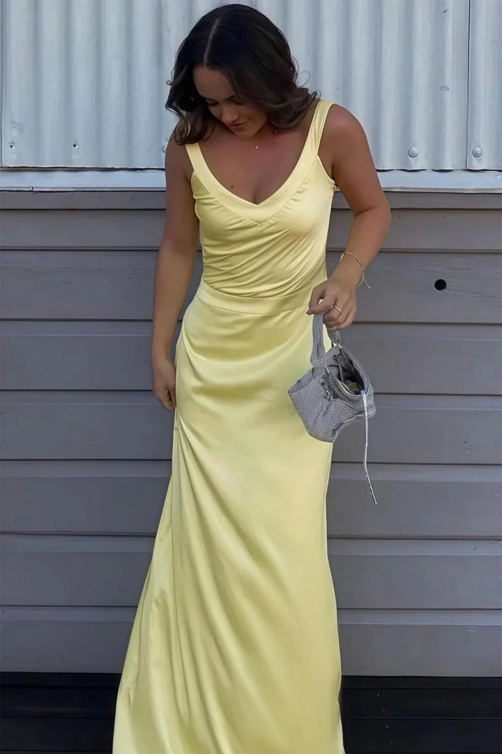 Trendy Mermaid V Neck Yellow Long Prom Dress With Criss Cross Back Formal Evening Gown