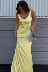 Trendy Mermaid V Neck Yellow Long Prom Dress With Criss Cross Back Formal Evening Gown