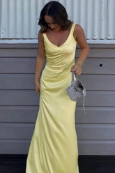 Trendy Mermaid V Neck Yellow Long Prom Dress With Criss Cross Back Formal Evening Gown