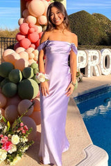 Trendy Sheath Off The Shoulder Lilac Prom Dress With Ruched Formal Evening Gown