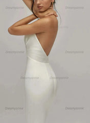 Trumpet Mermaid Halter Plunge Neck Sleeveless Detachable Train Matte Satin Wedding Dress