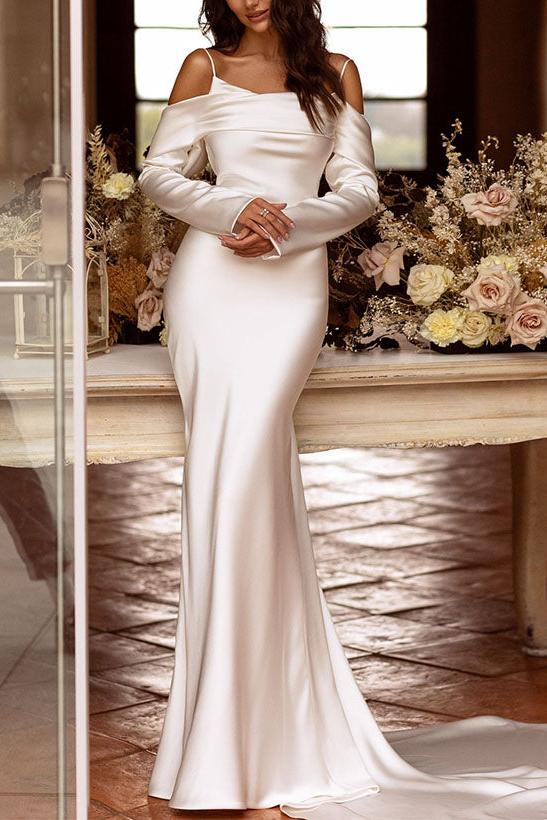 Trumpet Mermaid Long Sleeves Sweep Train Satin Wedding Dress