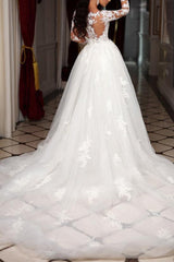 Trumpet Mermaid Long Sleeves Tulle Wedding Dress Appliques Lace