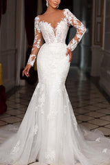 Trumpet Mermaid Long Sleeves Tulle Wedding Dress Appliques Lace