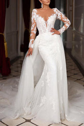 Trumpet Mermaid Long Sleeves Tulle Wedding Dress Appliques Lace
