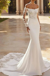 Trumpet Mermaid Off the Shoulder Long Sleeves Chapel Train Lace Satin Wedding Dress with Appliques