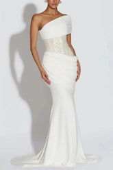 Trumpet Mermaid One Shoulder Sleeveless Sweep Train Elastic Satin Wedding Dress with Beading