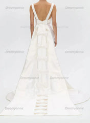 Trumpet Mermaid Scoop Neck Sleeveless Satin Wedding Dress with Detachable Bow Train