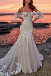 Trumpet Mermaid Sweetheart Short Sleeves Tulle Lace Court Train Wedding Dress With Appliques Lace