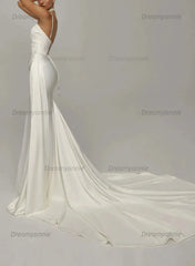 Trumpet Mermaid Sweetheart Sleeveless Chapel Train Crepe Satin Wedding Dress with Beading