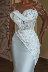 Trumpet Mermaid V Neck 3 4 Sleeves Lace Satin Wedding Dress With Beading Appliques Lace