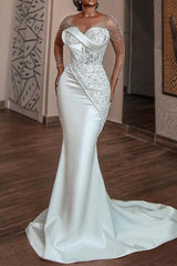 Trumpet Mermaid V Neck 3 4 Sleeves Lace Satin Wedding Dress With Beading Appliques Lace
