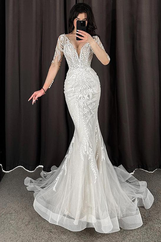 Trumpet Mermaid V Neck Long Sleeves Lace Tulle Wedding Dress