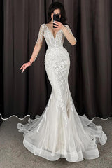Trumpet Mermaid V Neck Long Sleeves Lace Tulle Wedding Dress