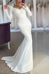 Trumpet Mermaid V Neck Long Sleeves Sweep Train Satin Wedding Dress