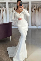 Trumpet Mermaid V Neck Long Sleeves Sweep Train Satin Wedding Dress