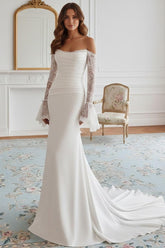 Trumpet/Mermaid Strapless Wedding Dress Silk Satin Floor-Length Sweep Train Lace Long Sleeves