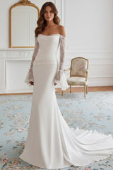 Trumpet/Mermaid Strapless Wedding Dress Silk Satin Floor-Length Sweep Train Lace Long Sleeves
