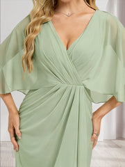 Trumpet/Mermaid V-Neck Half Sleeves Bridesmaid Dresses with Split Side & Ruffles