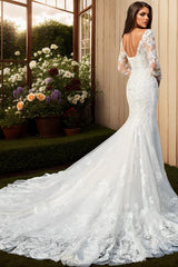 Trumpet/Mermaid V Neck Long Sleeves Sweep Train Lace Wedding Dress