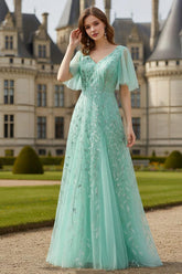 Tulle A-Line Mother of the Bride Dress with Flutter Sleeves
