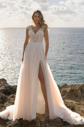 Tulle A Line Wedding Dress with Lace Cap Sleeves and Side Slit
