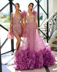 Tulle Beaded Prom Dress Ruffled Sleeveless A Line Formal Dress