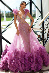 Tulle Beaded Prom Dress Ruffled Sleeveless A Line Formal Dress