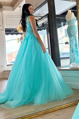 Tulle Deep V Neck Sky Blue Prom Dress Long Evening Dress with Appliques
