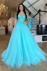 Tulle Deep V Neck Sky Blue Prom Dress Long Evening Dress with Appliques
