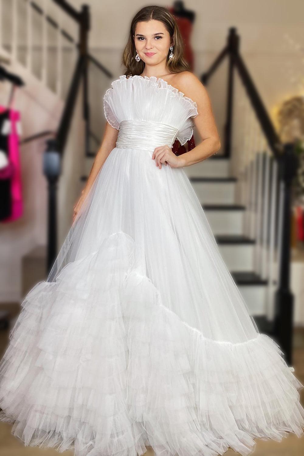 Tulle Strapless Ivory Wedding Dress Long Evening Dress